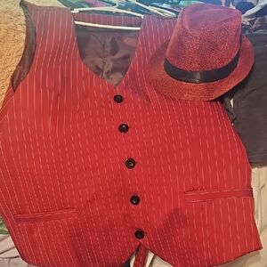 Men's Red Pinstripe Vest and Hat Set